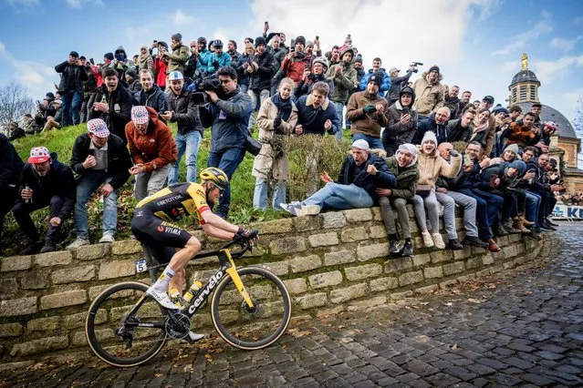 Dutch rider Dylan Van Baarle of Jumbo-Visma competes in the 78th edition of the men's one-day cycling race Omloop Het Nieuwsblad, 207,3 km from Gent to Ninove, February 25, 2023. (Photo by Jasper Jacobs/BELGA via AFP Photo)
