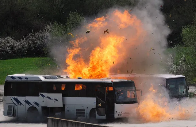 Two buses explode on April 26, 2013 as investigators re-enact the July 2012 Burgas airport bus bombing that killed five Israeli tourists near the town of Ihtiman in an effort to resolve some of the many still unanswered questions. (Photo by Nikolay Doychinov/AFP Photo)