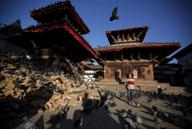A girl feeds pigeons at Hanumandhoka Durbar Square in Kathmandu, Nepal October 7, 2015. (Photo by Navesh Chitrakar/Reuters)