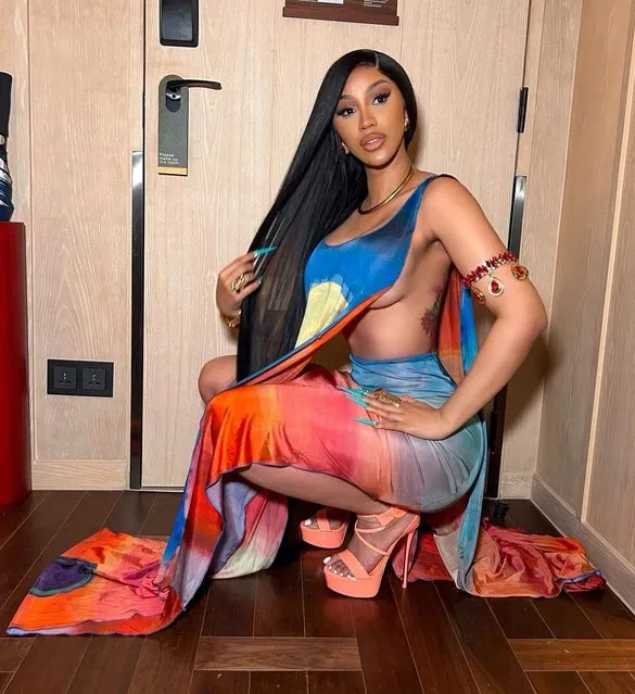 American rapper Belcalis Marlenis Almánzar Cephus, known professionally as Cardi B in the second decade of April 2023 tells fans she smells like “coconuts and pineapple” while showing off a wild outfit. (Photo by iamcardib/Instagram)