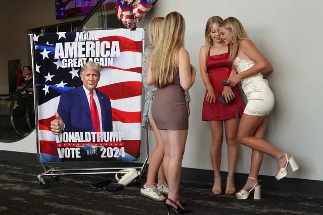 A poster of former President Donald Trump sits in the lobby as guests arrive for the Oakland County Republican Party Lincoln Day Dinner on June 25, 2023 in Novi, Michigan. Trump is scheduled to speak at the dinner. (Photo by Scott Olson/Getty Images)