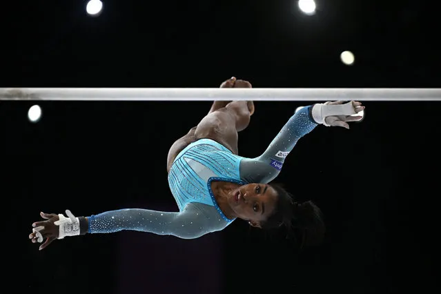 US' Simone Biles competes during the women's qualifying session at the 52nd FIG Artistic Gymnastics World Championships, in Antwerp, northern Belgium, on October 1, 2023. (Photo by Lionel Bonaventure/AFP Photo)