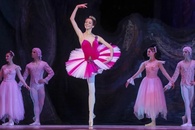 Kremlin Ballet ballerina Olesya Roslanova as Marie performs in a scene from the Kremlin Ballet's production of Russian composer Pyotr Tchaikovsky's The Nutcracker ballet choreographed by Andrei Petrov at the State Kremlin Palace in Moscow, Russia on December 21, 2021. (Photo by Sergei Karpukhin/TASS)