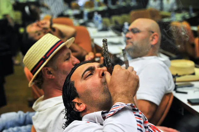 Men smoke cigars during the contest for the longest ash during the XVII Havana Cigar Festival in Havana, on February 26, 2015. The world's largest Havana cigar festival comes as the industry possibly looks forward to a booming future following the historic announcement in December by US and Cuban leaders of moves to normalize relations after half a century. The 17th Habanos festival will honor Winston Churchill's beloved “Romeo and Juliet” cigars at the opening of the five-day event to commemorate the 50th anniversary of the former British prime minister's death. (Photo by Yamil Lage/AFP Photo)