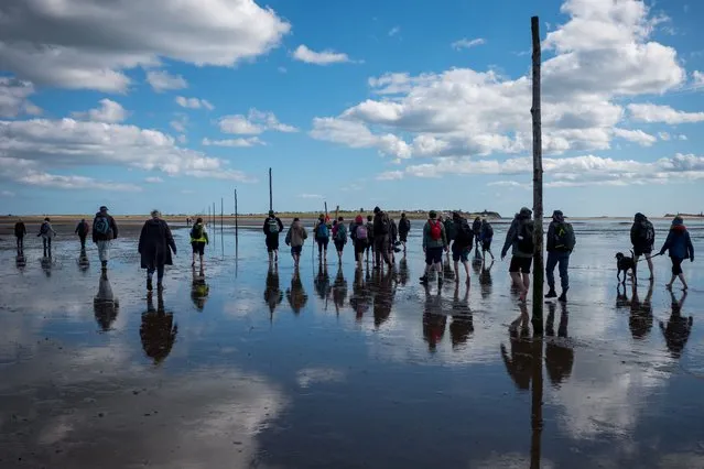 Pilgrims celebrate Easter by walking over the tidal causeway to Lindisfarne during the final leg of their annual Good Friday pilgrimage on March 29, 2024 in Berwick-upon-Tweed, England. Pilgrims annually celebrate Easter by crossing at low tide to Lindisfarne, a trek that follows a walk of between 70 to 120 miles in the days leading up to Good Friday. Lindisfarne has become known as Holy Island because of the part it played in the story of bringing the Christian gospel to England. In the 7th Century, King Oswald of Northumbria granted Lindisfarne to Aidan, a monk and missionary, so that he could establish a monastery modelled on one in which he lived on the island of Iona. (Photo by Ian Forsyth/Getty Images)