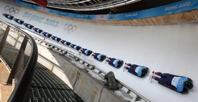 A composition photograph with multiple layers shows Kim Eun-ji of South Korea racing in the second run of the women's skeleton event at the Yanqing National Sliding Centre at the Beijing 2022 Olympic Games, Beijing municipality,  China, 11 February 2022. (Photo by Yonhap/EPA/EFE)