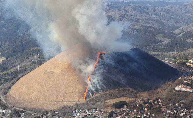 An aerial photo taken from a helicopter shows old dry grass of Mt. Omuro being burned on the Izu Peninsula in Ito, Shizuoka Prefecture on February 26, 2023. The annual event aims to accelerate new grass growth. Visitors enjoyed the 15-minute spectacle. (Photo by Toshikazu Sato/The Yomiuri Shimbun via AFP Photo)