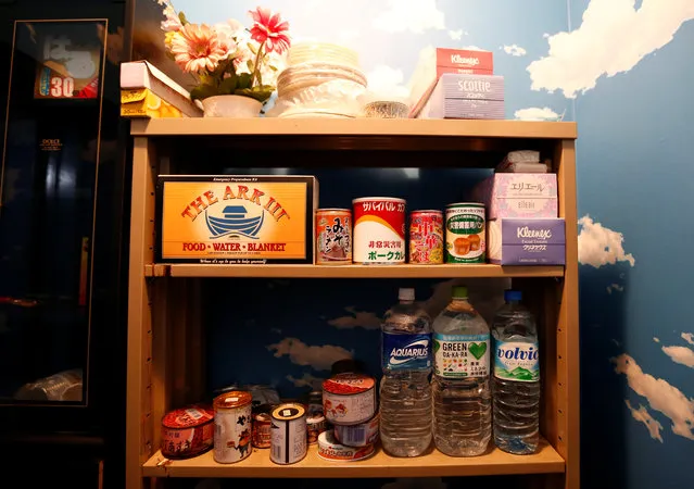 Emergency foods are seen in the model room of Shelter Co.'s nuclear shelter in the basement of its CEO Seiichiro Nishimoto's house in Osaka, Japan on April 26, 2017. (Photo by Kim Kyung-Hoon/Reuters)