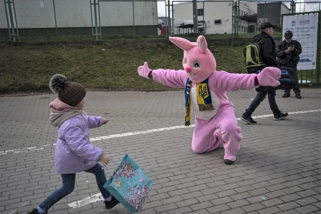 Performer Ben Dusing, from Fort Mitchell, Kentucky, US, wears an Easter rabbit costume as he prepares to embrace Lilia at the Medyka border crossing in Poland on Sunday, April 17, 2022. (Photo by Rodrigo Abd/AP Photo)