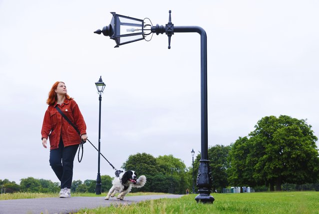 A folded lamppost created by Jem Hughes turns heads on Clapham Common, south London on July 24, 2024, although some recreational users seem undeterred. (Photo by Joe Pepler/The Times)