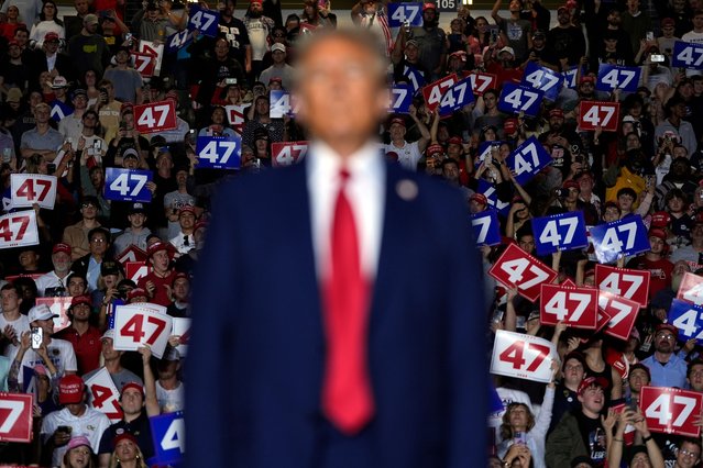 Republican presidential nominee former President Donald Trump dances at a campaign rally at PPL Center, Tuesday, October 29, 2024, in Allentown, Pa. (Photo by Julia Demaree Nikhinson/AP Photo)