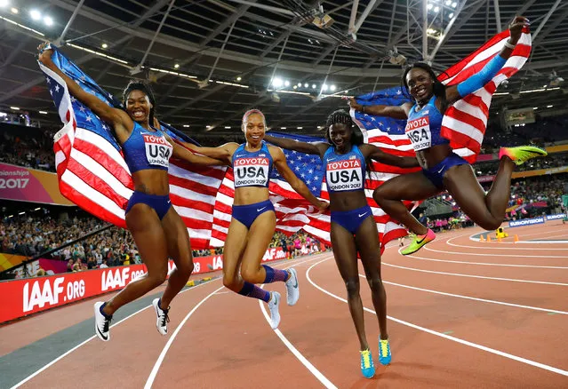 From left, United States' Aaliyah Brown, Allyson Felix, Tori Bowie and Morolake Akinosun celebrate after winning the gold medal in the women' s 4x100- meter final during the World Athletics Championships in London Saturday, August 12, 2017. (Photo by Kai Pfaffenbach/Reuters)