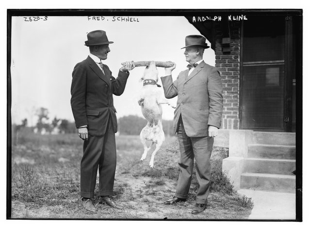Photo shows Mayor Ardolph Loges Kline (1858-1930), a Republican politician who became acting Mayor of New York City after the death of Mayor William Jay Gaynor, with his son-in-law Fred Schnell. Between ca. 1910 and ca. 1915. (Photo by Bain News Service)