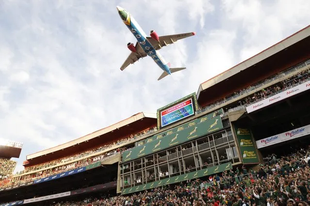 A 'Fly SafAir' aircraft flies over ahead of the Rugby Championship international rugby match between South Africa and New Zealand at Emirates Airline Park in Johannesburg on August 13, 2022. (Photo by Phill Magakoe/AFP Photo)