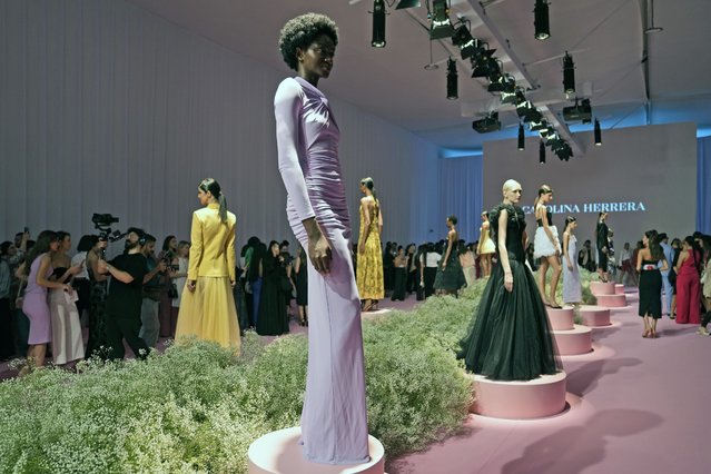 Models present the Carolina Herrera's Spring Summer 2024 Collections, during the Dubai Fashion Week at the Dubai Design District, in Dubai, United Arab Emirates, Monday, October 9, 2023. (Photo by Kamran Jebreili/AP Photo)