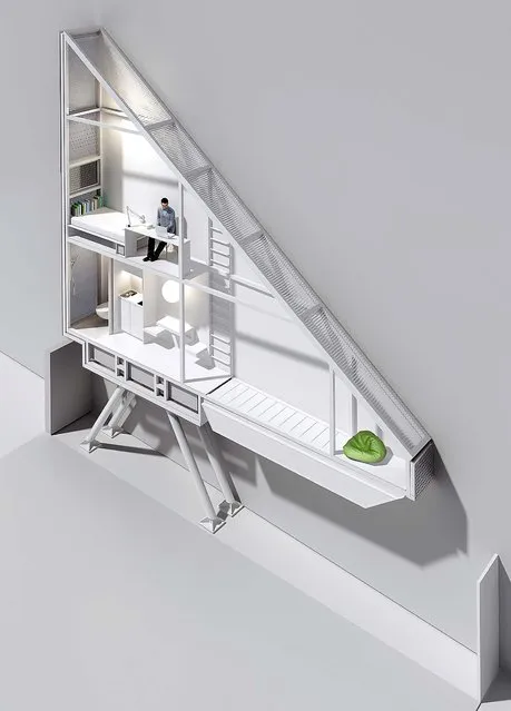 This 3D visualization provided by the Foundation of Polish Modern Art shows the interior of  the Keret House, one of the world's narrowest houses, built in Warsaw, Poland. The two-level Keret House is no wider than 48.03 inches (122 cm) and was fitted into a tiny space puzzlingly left between a pre-war house and a modern apartment block of the 1960s in downtown Warsaw. It is named after Etgar Keret, an Israeli writer of Polish roots who will be the first inhabitant of this artistic project of aluminum and polycarbonate. (Photo by Foundation of Polish Modern Art)