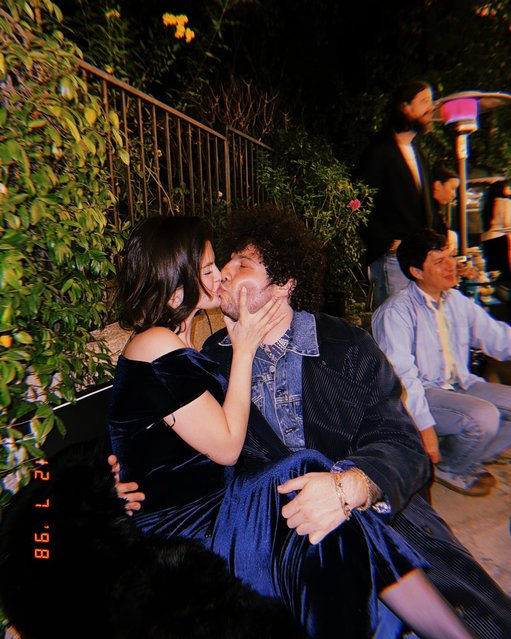 American actress and singer Selena Gomez and American record producer and songwriter Benny Blanco show some PDA in a sweet snap in the first decade of April 2025. (Photo by selenagomez/Instagram)