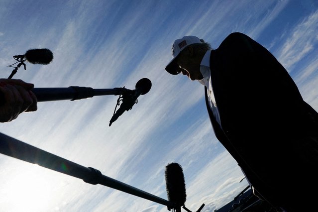 President Donald Trump speaks to the media before boarding Air Force One as he departs for Washington, D.C., at Morristown Municipal Airport in Morristown, New Jersey on May 25, 2025. (Photo by Nathan Howard/Reuters)