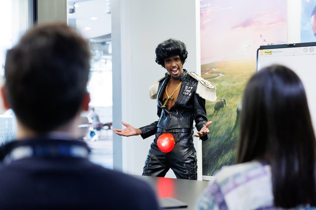 In this image released on March 15,2024, Sir Mo Farah during the W1A Lenny Replacement Sketch to be shown during the Red Nose Day 2024 live TV show filmed on 26th February in London. Pictured here is prefessional runner, Sir Mo Farah seen during the filming of the W1A Lenny's replacement sketch as part of the Red Nose Day 2024 campaign which will be aired on the night of television on the 15th March 2024. (Photo by Jordan Mansfield/Comic Relief via Getty Images)