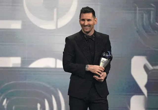Argentina's Lionel Messi smiles after receiving the Best FIFA Men's player award during the ceremony of the Best FIFA Football Awards in Paris, France, Monday, February 27, 2023. (Photo by Michel Euler/AP Photo)