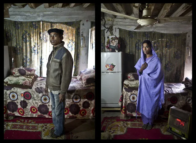 This combination of two images taken on Thursday, January 15, 2015, shows Pakistani Riasat Hussain, 19, posing for a picture at a friend's place in Rawalpindi, Pakistan. Across conservative Pakistan, where Islamic extremists launch near-daily attacks and many follow a strict interpretation of their Muslim faith, male cross-dressers and the transgendered face a challenge of balancing two identities. (Photo by Muhammed Muheisen/AP Photo)