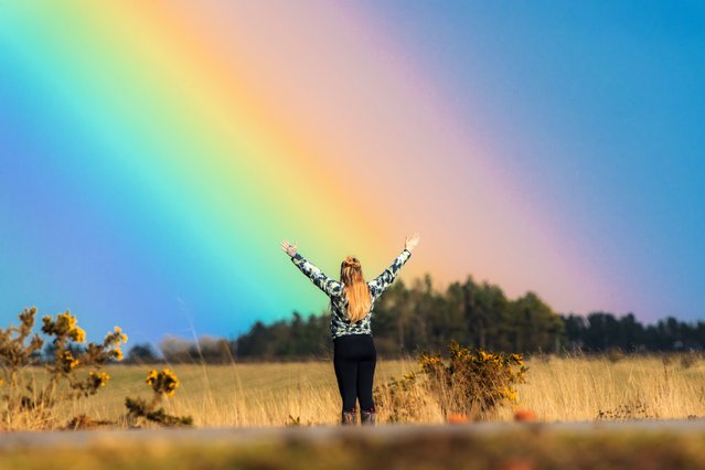 Ellesse Janda welcomes a spring rainbow at Cresswell in Northumberland, United Kingdom on March 17, 2023. (Photo by Ian Sproat/Picture Exclusive)