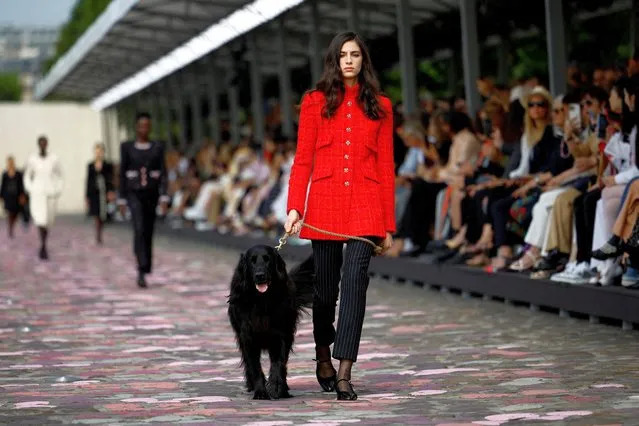A model walks with a dog as she presents a creation by designer Virginie Viard as part of her Haute Couture Fall/Winter 2023-2024 collection show for fashion house Chanel on the banks of the River Seine in Paris, France on July 4, 2023. (Photo by Sarah Meyssonnier/Reuters)