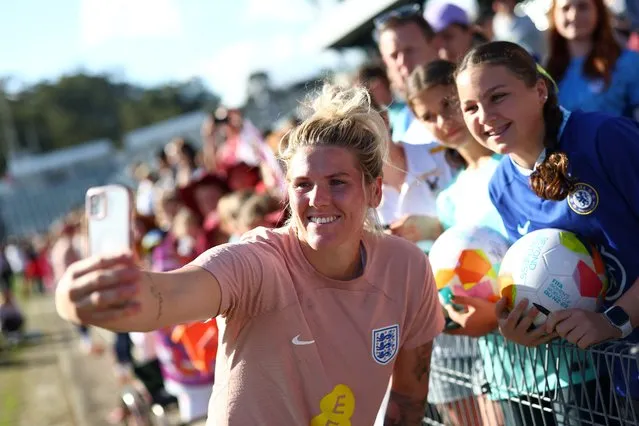Millie Bright of England poses for a photograph with fans following a training session at Central Coast Stadium on July 25, 2023 in Gosford, Australia. (Photo by Naomi Baker – The FA/The FA via Getty Images)