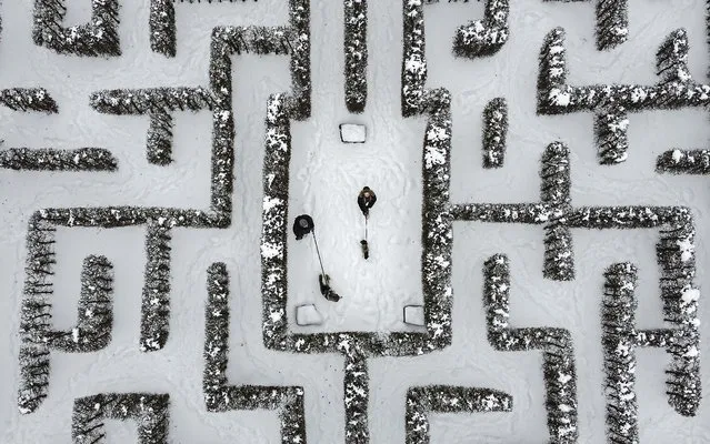 People walk with their dogs in a snow covered Garden maze in Gelsenkirchen, Germany, Wednesday, February 10, 2021. Extreme winter weather had hit Germany from North to West, and even the industrial Ruhr valley got unexpected massive snow. (Photo by Martin Meissner/AP Photo)