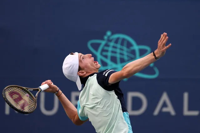 Ugo Humbert of France serves to Yosuke Watanuki of Japan during Day 6 of the Mubadala Citi DC Open at Rock Creek Tennis Center on August 03, 2023 in Washington, DC. (Photo by Rob Carr/Getty Images)
