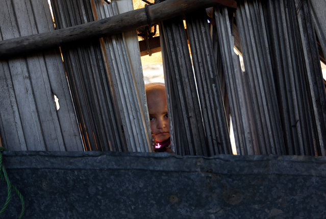 An Afghan child peeks through a gap in his makeshift home as traditional bread is being prepared, in Kabul, Afghanistan, Saturday, February 14, 2015. (Photo by Rahmat Gul/AP Photo)