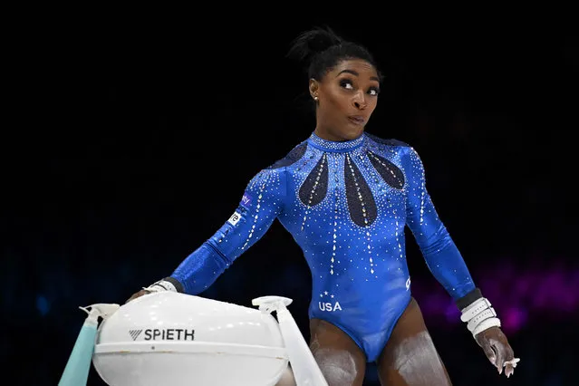 US' Simone Biles reacts before competing on the Uneven Bars in the Women's Individual All-Around Final during the 52nd FIG Artistic Gymnastics World Championships, in Antwerp, northern Belgium, on October 6, 2023. (Photo by Lionel Bonaventure/AFP Photo)