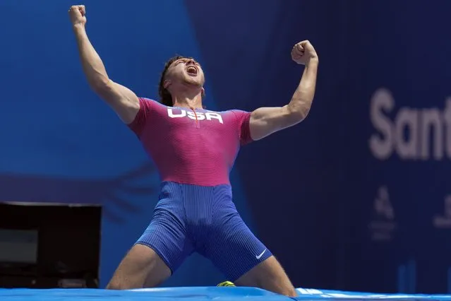 Ryan Talbot of the United States reacts after competing in the men's decathlon pole vault event at the Pan American Games in Santiago, Chile, Tuesday, October 31, 2023. (Photo by Fernando Vergara/AP Photo)