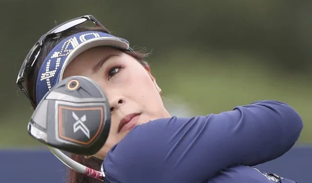 Japan's Serena Aoki hits her driver off the 14th tee during the second round of the Women's British Open golf championship, in Carnoustie, Scotland, Friday, August 20, 2021. (Photo by Scott Heppell/AP Photo)