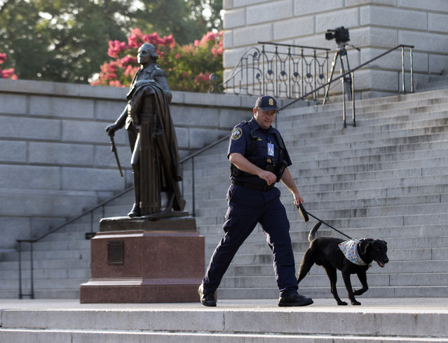A police officer walks a dog on the steps of the South Carolina Statehouse as the state prepares to remove a Confederate battle flag from in front of the South Carolina Statehouse, Friday, July 10, 2015, in Columbia, S.C. South Carolina Gov. Nikki Haley signed a bill into law Thursday requiring the flag to be removed. (Photo by John Bazemore/AP Photo)
