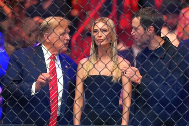 Former President Donald Trump, left, talks to his daughter Ivanka Trump and son-in-law Jared Kushner as they wait for the start of a UFC 299 mixed martial arts bout, early Sunday, March 10, 2024, in Miami. (Photo by Wilfredo Lee/AP Photo)