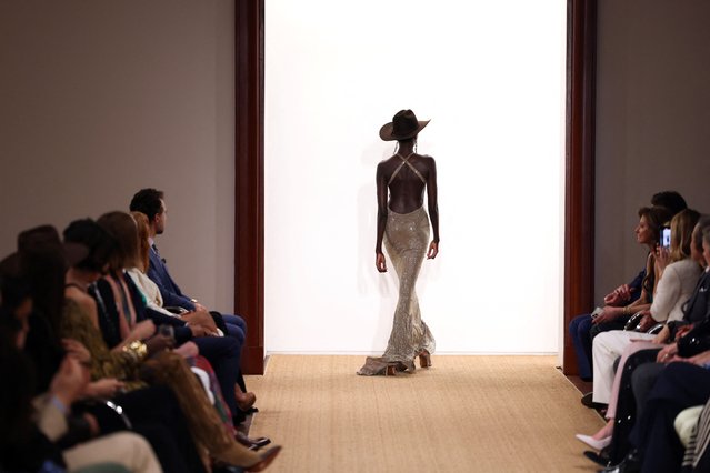 A model walks the runway during the Ralph Lauren Fall/Holiday fashion show in New York City on April 29, 2024. (Photo by Charly Triballeau/AFP Photo)
