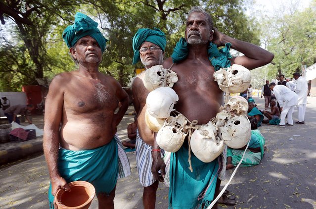 An Indian farmer from South Indian Rivers Interlinking Farmers Association holds human skulls claiming they belong to farmers who died in the past in Tamilnadu as he stands with others during a protest and hunger strike in New Delhi, India, 15 March 2017. Hundreds of farmers are demanding the formation of Cauvery river management committee and networking all rivers by smart waterways protect. (Photo by Harish Tyagi/EPA)