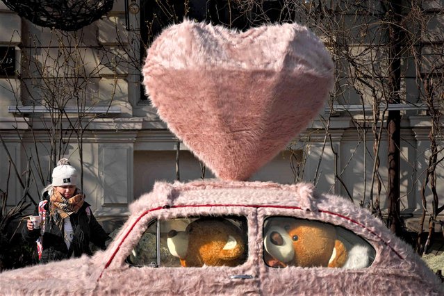 A woman walks by a car decorated with fur and stuffed teddy bears in Bucharest, Romania, Tuesday, February 14, 2023. Never celebrated before the 1989 fall of the communist rule in Romania, Valentine's Day became ever more popular in the following years and is now widely adopted by Romanian youngsters. (Photo by Andreea Alexandru/AP Photo)
