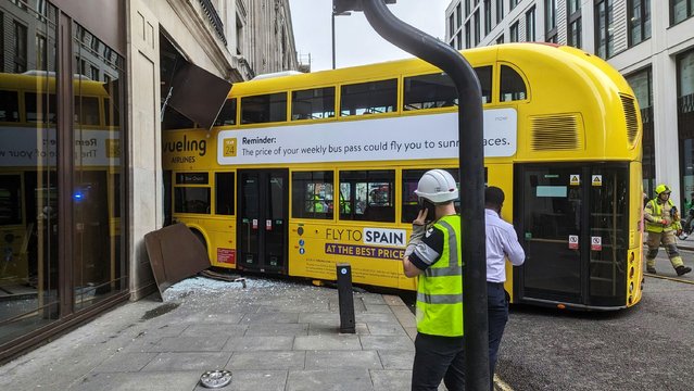 A double-decker bus that crashed into a pub on New Oxford Street, near Tottenham Court Road in London, England on March 5, 2024. (Photo by @markarby/PA Wire Press Association)
