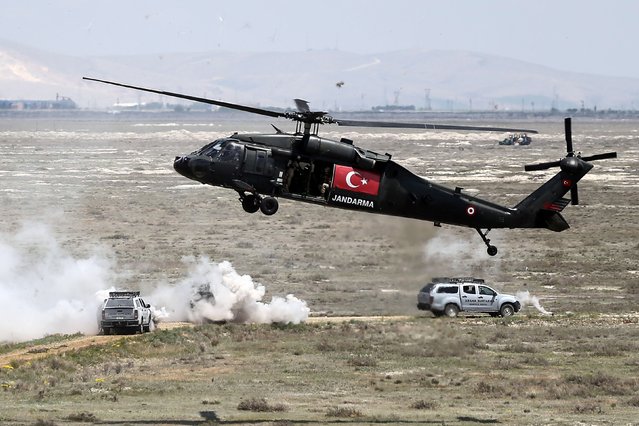 Units perform drill missions while ATAK helicopters are being introduced to the press during the International Anatolian Phoenix Exercise-2024 at 3rd Main Jet Base in Konya, Turkiye on May 16, 2024. (Photo by Serhat Cetinkaya/Anadolu via Getty Images)