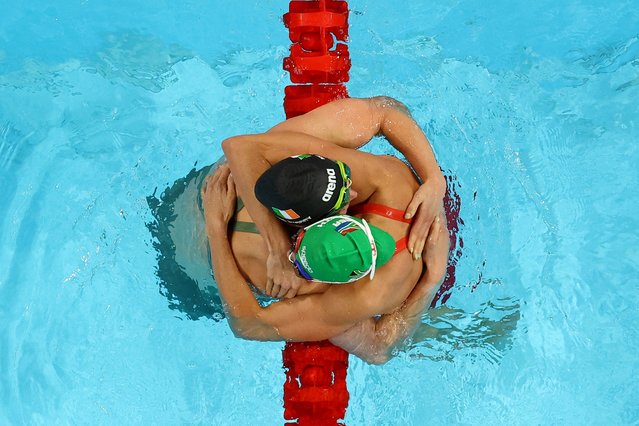 Tatjana Smith of South Africa reacts after winning with third place Mona Mc Sharry of Ireland during the women's 100m breaststroke final in Nanterre, France on July 29, 2024. (Photo by Marko Djurica/Reuters)