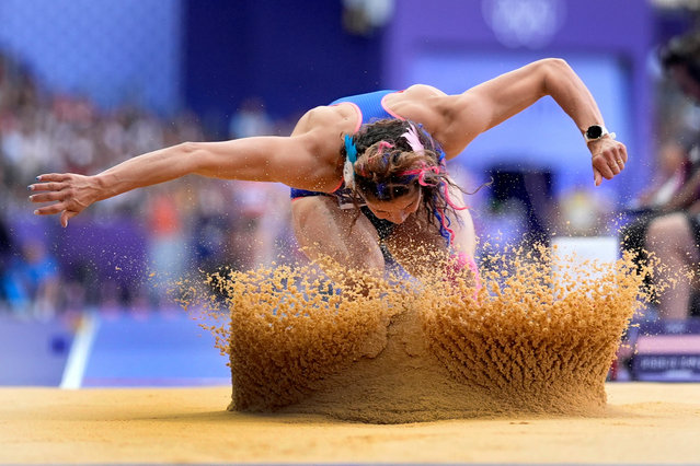 Auriana Lazraq-Khlass, of France, competes in the women's heptathlon long jump at the 2024 Summer Olympics, Friday, August 9, 2024, in Saint-Denis, France. (Photo by Matthias Schrader/AP Photo)