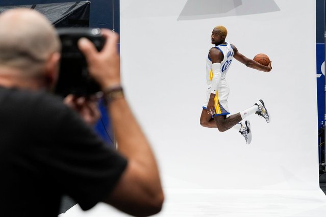 Golden State Warriors' Jonathan Kuminga poses for a photograph during the NBA basketball team's media day, Monday, September 30, 2024, in San Francisco. (Photo by Godofredo A. Vásquez/AP Photo)