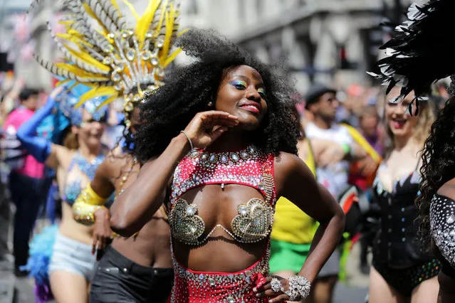 A dancer performing during the Pride in London parade, as it makes its way through the streets of central London on Saturday June 25, 2016. (Photo by Daniel Leal-Olivas/PA Wire)