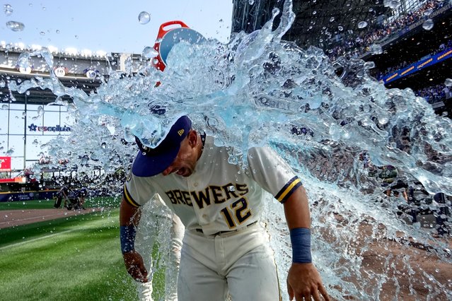 Milwaukee Brewers' Jahmai Jones is douced after a baseball game against the Chicago Cubs Monday, July 3, 2023, in Milwaukee. The Brewers won 8-6. (Photo by Morry Gash/AP Photo)