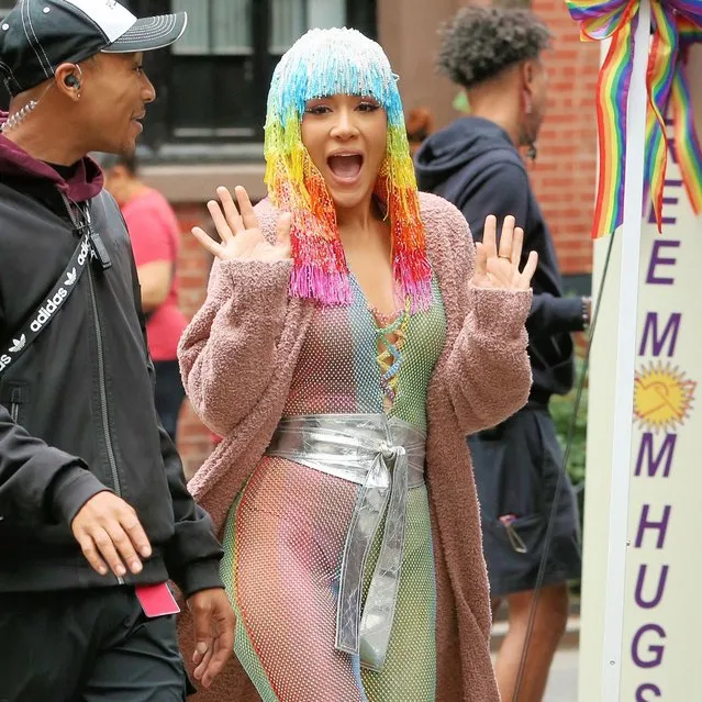 American actress and model Meagan Good rocks a Pride jumpsuit and crazy wig filming “Harlem” in New York City on June 22, 2022. (Photo by Christopher Peterson/Splash News and Pictures)