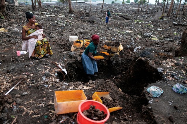 Kahindo, an internally displaced woman, who said they could not return home because it was destroyed during the fighting, gathers volcanic gravel to sell at an IDP's camp which was emptied after the M23 rebels ordered many displaced people to leave the camps in Mugunga district, near Goma, in eastern Democratic Republic of Congo, on March 22, 2025. (Photo by Zohra Bensemra/Reuters)