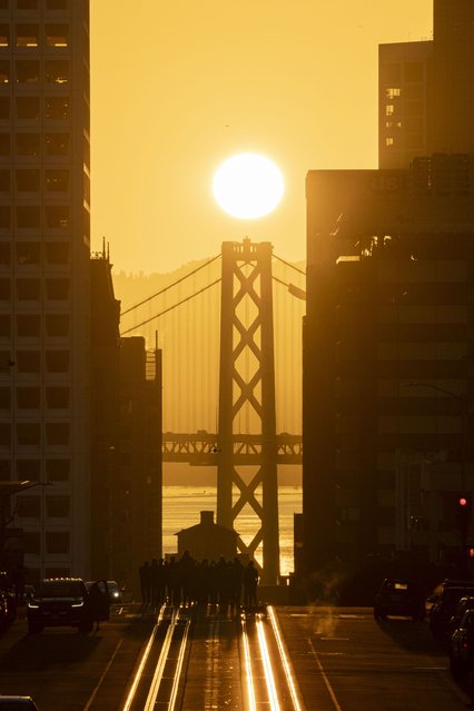 People gathered early Wednesday morning to watch “California Henge”, where the sun rises in a perfect alignment over the Bay Bridge and California Street in San Francisco, Wednesday, April 9, 2025. (Photo by Dan Hernandez/San Francisco Chronicle via AP Photo)