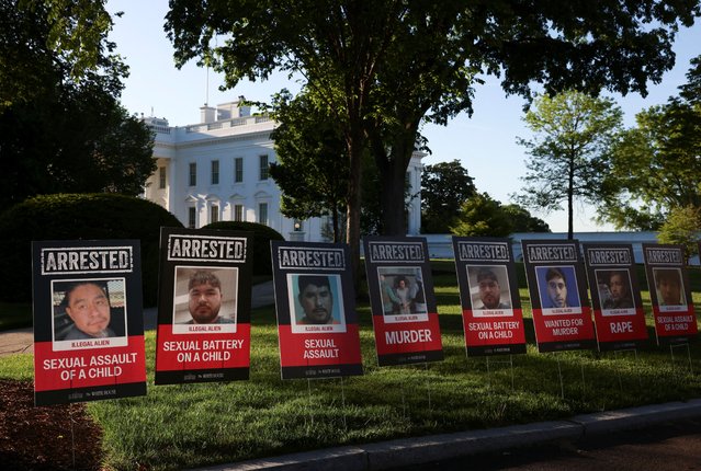 Posters of people described as arrested illegal immigrants are displayed outside the White House in Washington on April 28, 2025. (Photo by Evelyn Hockstein/Reuters)